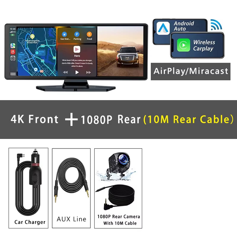 10.26 Inch 4K 3840*2160P Dash Cam Carplay Android-Auto GPS 5G WIFI FM BT Car Dvr Dual Lens Dashcam Truck Camera Drive Recorder