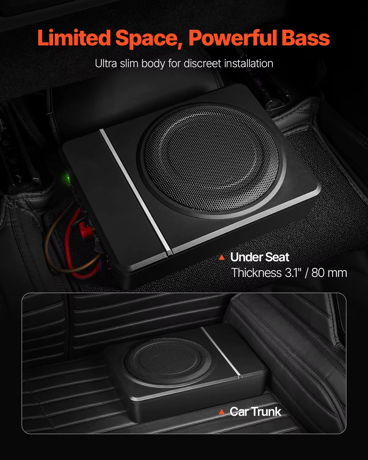 8" Underseat Car Subwoofer Low Profile Audio Sub Built-In Amplifier High/Low Level Input & Volume Controller for Car