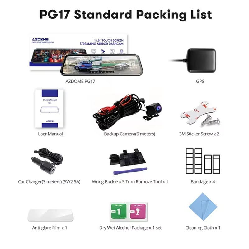 PG17 12" Wifi Mirror Dash Cam 4K Front and 1080P Rear View Mirror Camera for Cars Dual Camera Waterproof Backup Camera