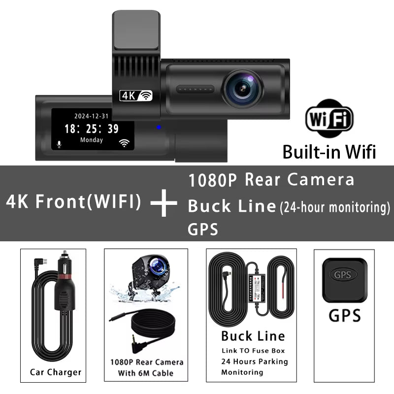4K 3840*2160P Dash Cam WIFI GPS Car DVR Mini Camera Dual Len Video Drive Recorder Dashcam Registrar Black Box 24 Hour Monitoring