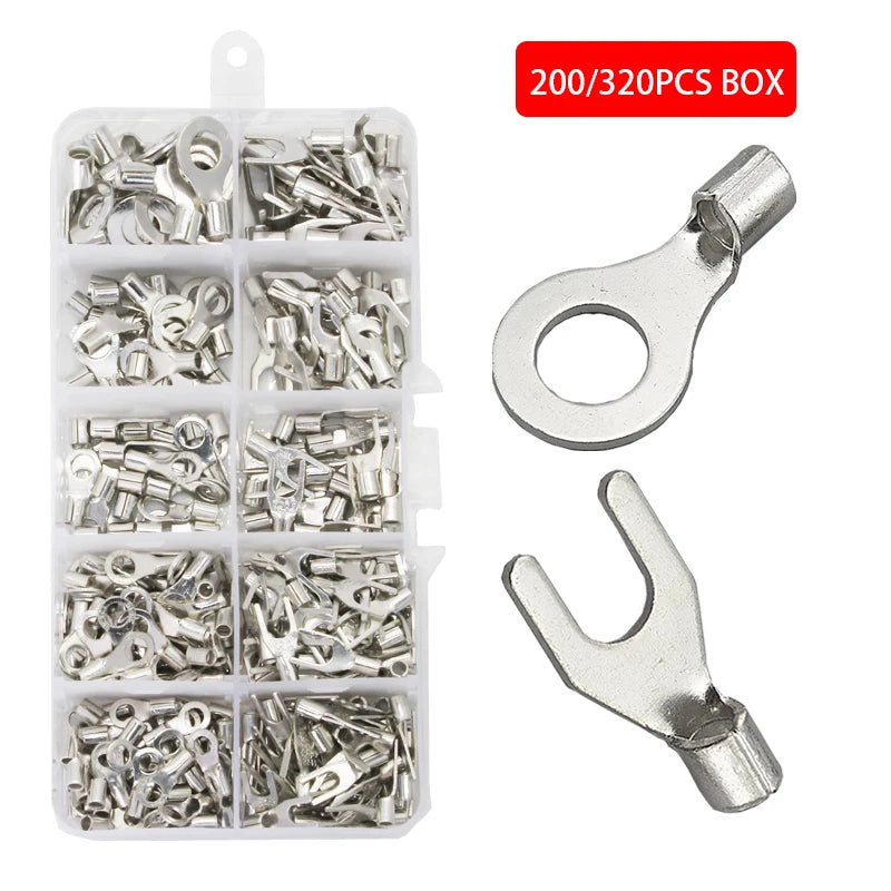 320Pcs/Box 10 in 1 Terminals Non-Insulated Ring Fork U-Type Brass Terminals Assortment Kit Cable Wire Connector Crimp Spade