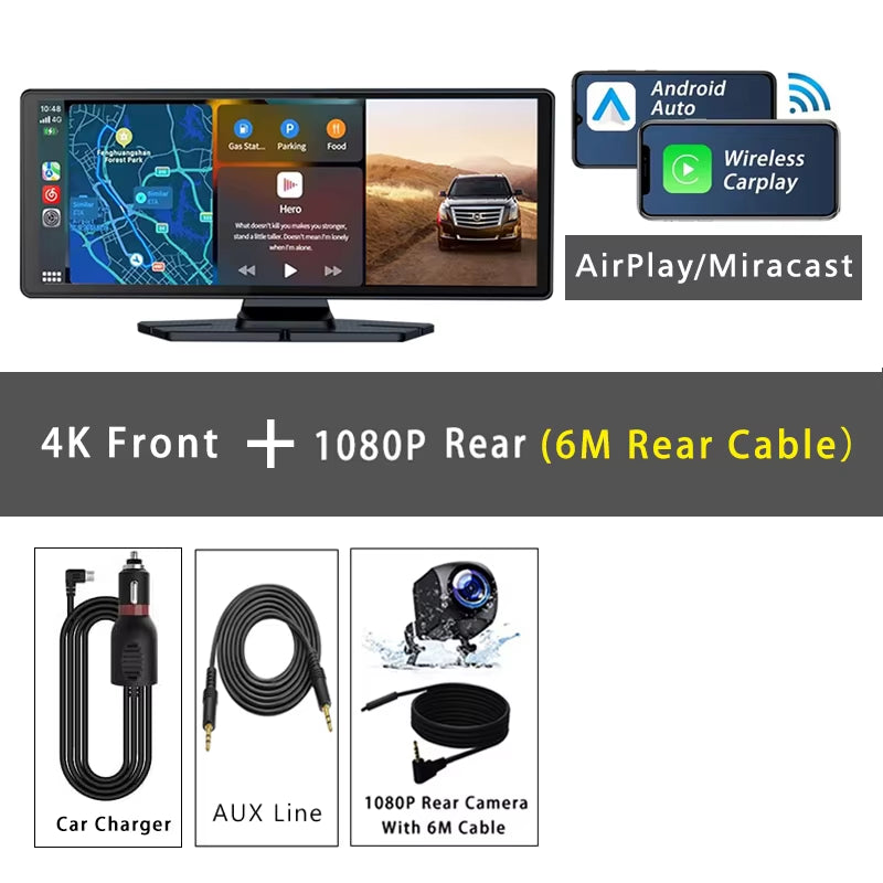 10.26 Inch 4K 3840*2160P Dash Cam Carplay Android-Auto GPS 5G WIFI FM BT Car Dvr Dual Lens Dashcam Truck Camera Drive Recorder