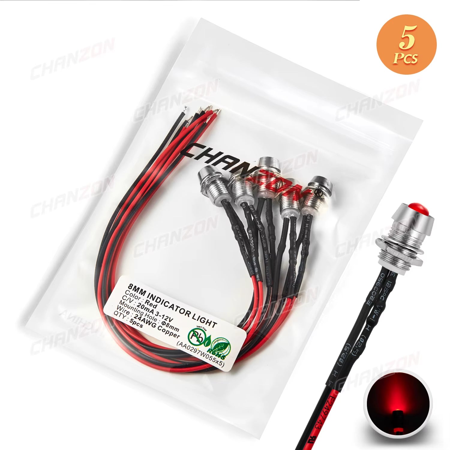 5Mm Prewired LED Kit 12V Diffused Light Emitting Diode Indicator Lamp Bulb White Red Green Blue Yellow Orange with 8Mm Holder