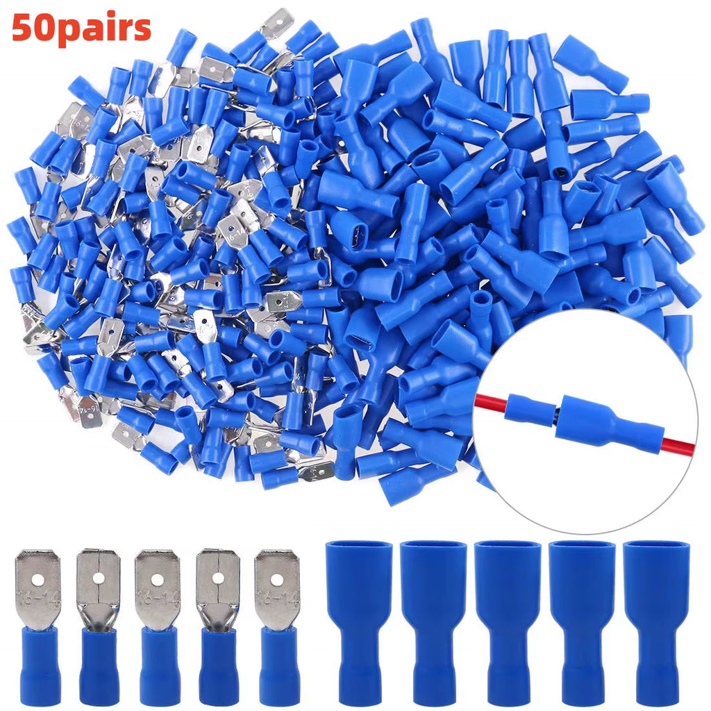 100 Pcs/50 Pairs Female/Male Spade Connectors 16-14 AWG Spade Quick Disconnect Connectors Insulated Spade Wire Crimp Terminal