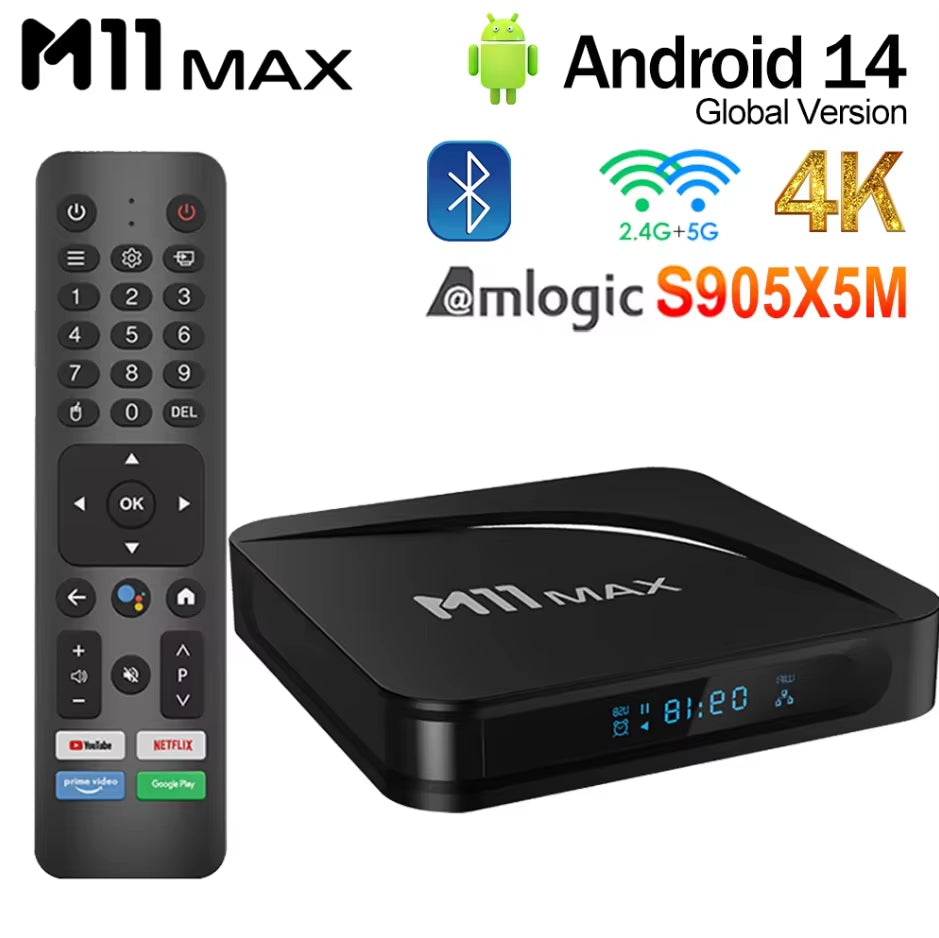 M11 MAX S905X5M Android Smart TV Box 4G 32G Android 14 2.4&5G Dual Wifi AI-SR HDR10+ 4K HD Set Top Box Voice Remote Media Player