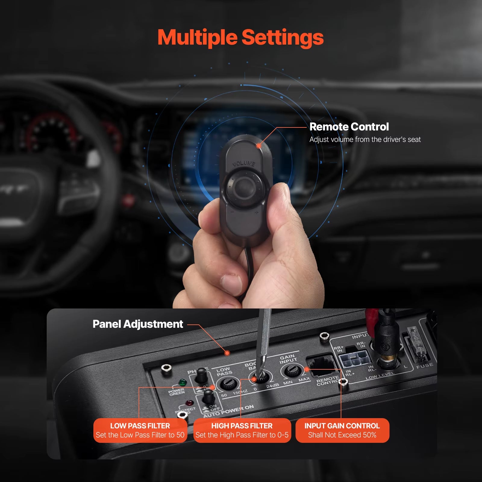 8" Underseat Car Subwoofer Low Profile Audio Sub Built-In Amplifier High/Low Level Input & Volume Controller for Car