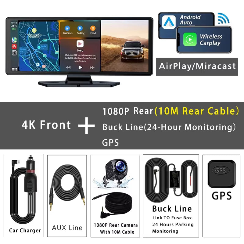 10.26 Inch 4K 3840*2160P Dash Cam Carplay Android-Auto GPS 5G WIFI FM BT Car Dvr Dual Lens Dashcam Truck Camera Drive Recorder