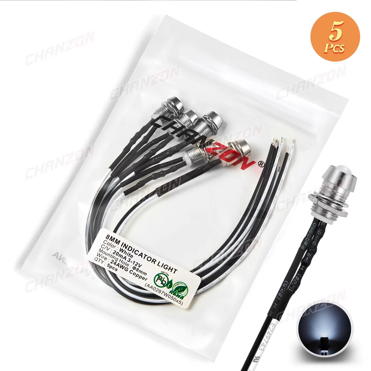 5Mm Prewired LED Kit 12V Diffused Light Emitting Diode Indicator Lamp Bulb White Red Green Blue Yellow Orange with 8Mm Holder