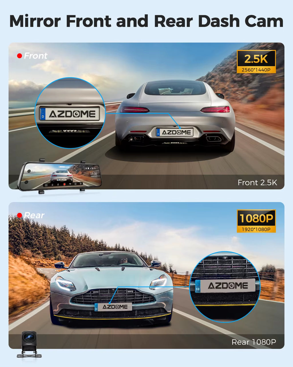 PG17 12" Wifi Mirror Dash Cam 4K Front and 1080P Rear View Mirror Camera for Cars Dual Camera Waterproof Backup Camera