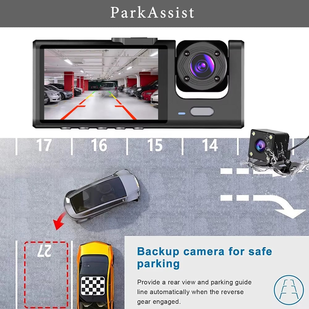 3 Channel Dash Cam Video Recorder Three Lens Car Camera with Rear View DVR 24H Parking Monitor Black Box