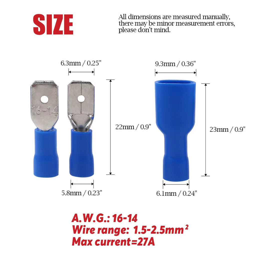 100 Pcs/50 Pairs Female/Male Spade Connectors 16-14 AWG Spade Quick Disconnect Connectors Insulated Spade Wire Crimp Terminal