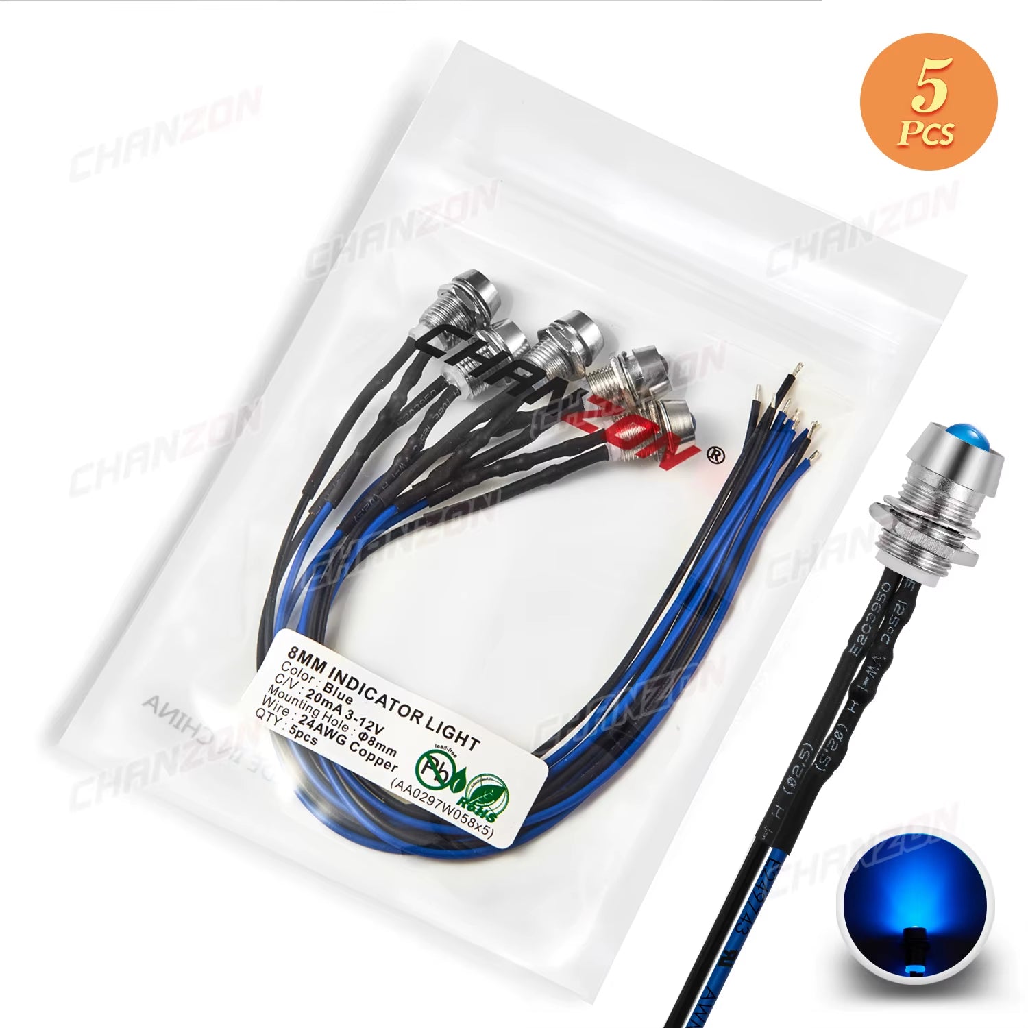 5Mm Prewired LED Kit 12V Diffused Light Emitting Diode Indicator Lamp Bulb White Red Green Blue Yellow Orange with 8Mm Holder
