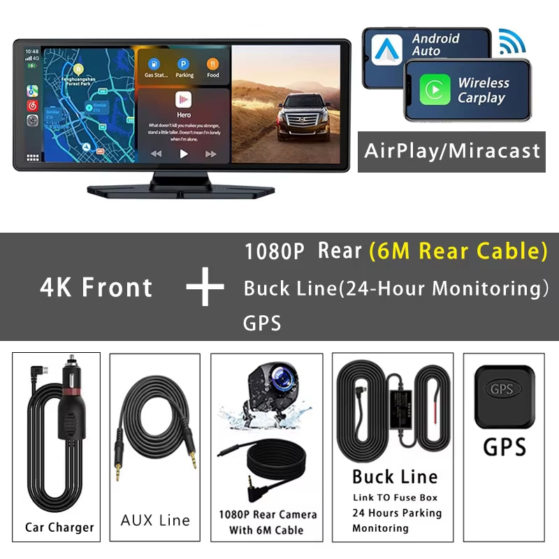 10.26 Inch 4K 3840*2160P Dash Cam Carplay Android-Auto GPS 5G WIFI FM BT Car Dvr Dual Lens Dashcam Truck Camera Drive Recorder