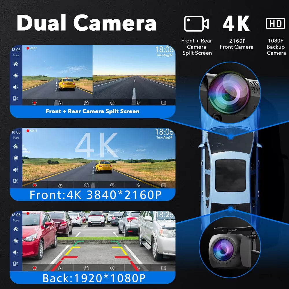 10.26 Inch 4K 3840*2160P Dash Cam Carplay Android-Auto GPS 5G WIFI FM BT Car Dvr Dual Lens Dashcam Truck Camera Drive Recorder